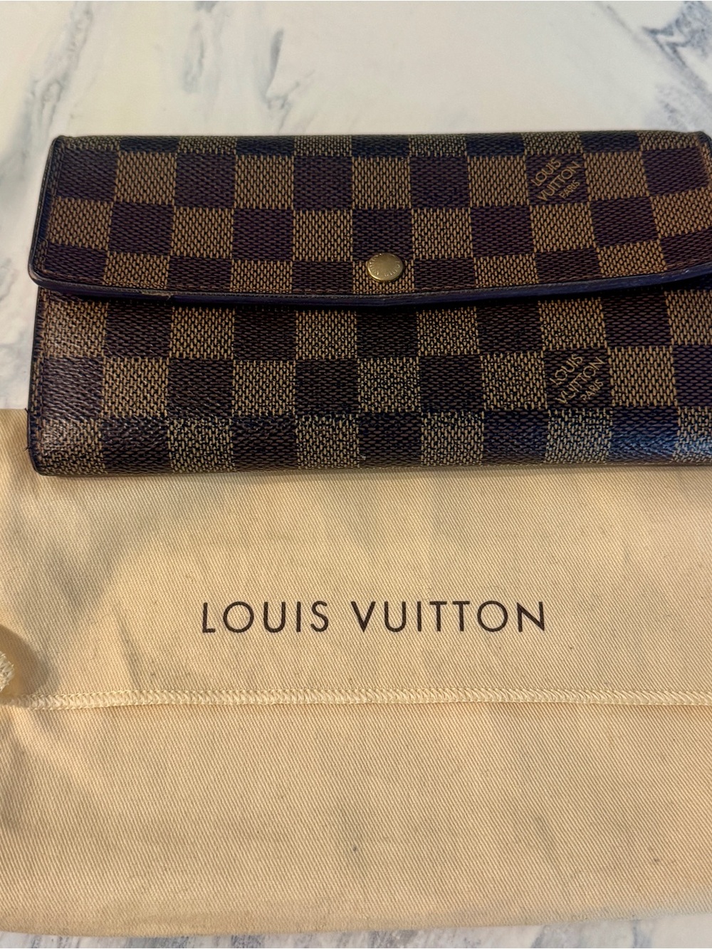 Louis Vuitton Damier Ebene Checkered Long Wallet in Brown and Dark Brown